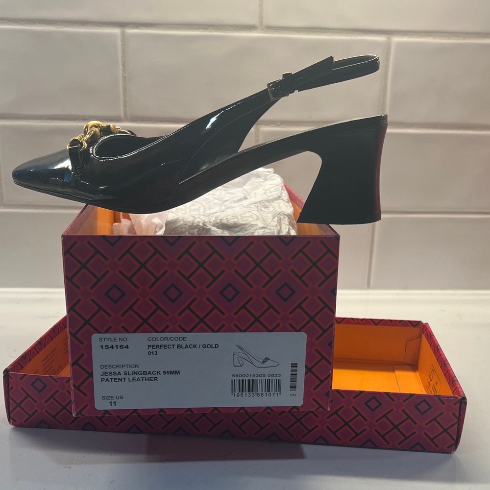 Tory Burch size 11 perfect Black/Gold Slingback Patent Leather NEW
